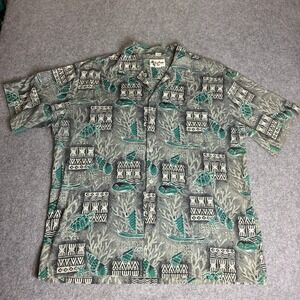 Howie Mens 3XL Aloha Shirt Grey Teal Sea Turtle Tribal Canoe Made in Hawaii